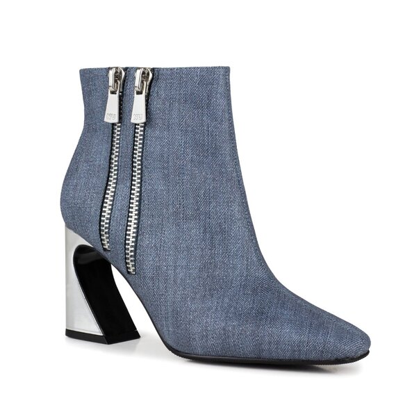 Stylish Modern Womens Blue Denim Metal High Heel Double Zipper Ankle Boots - Picture 1 of 9